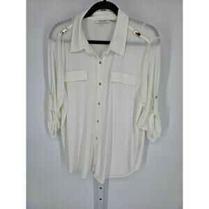 Calvin Klein Women's Cream Button-Front Blouse with Gold Accents